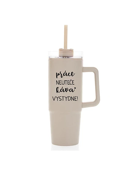 PRÁCE NEUTEČE, KÁVA VYSTYDNE! - béžový cestovní termohrnek s průhledným víčkem 900 ml PRÁCE NEUTEČE, KÁVA VYSTYDNE! - béžový cestovní termohrnek s průhledným víčkem 900 ml