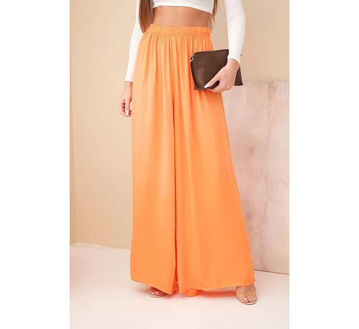 Dámské široké viskózové kalhoty s gumou v pase oranžové
