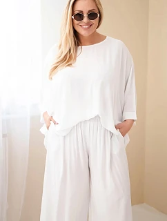 Dámský komplet Plus Size z viskózy se širokými kalhotami a halenkou bílý