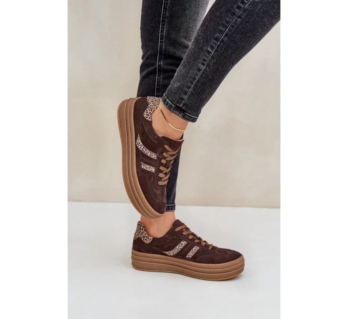 Zazoo N1176 Semišové tenisky na platformě s leopardím vzorem čokoládové