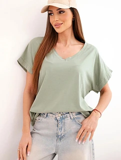 Dámská bavlněná halenka s výstřihem do V a krátkým rukávem khaki