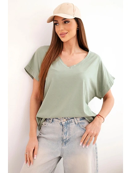 Dámská bavlněná halenka s výstřihem do V a krátkým rukávem khaki