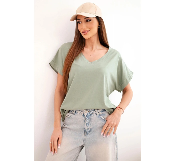 Dámská bavlněná halenka s výstřihem do V a krátkým rukávem khaki