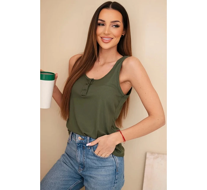 Dámská žebrovaná halenka na ramínkách s knoflíkem khaki