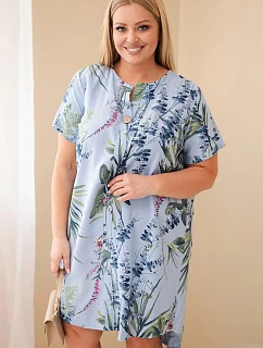 Dámské viskózové šaty velikosti Plus s krátkým rukávem a výstřihem na knoflíky modrá