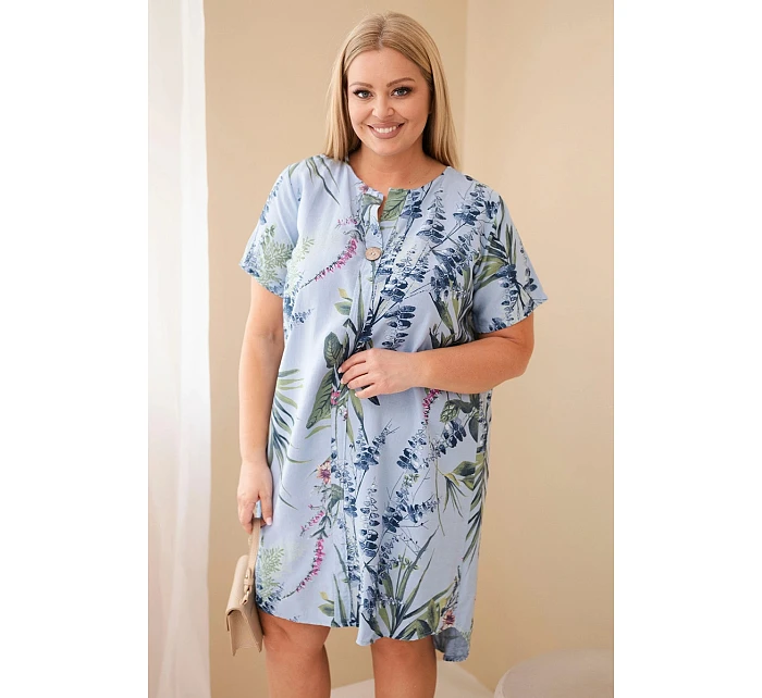 Dámské viskózové šaty velikosti Plus s krátkým rukávem a výstřihem na knoflíky modrá