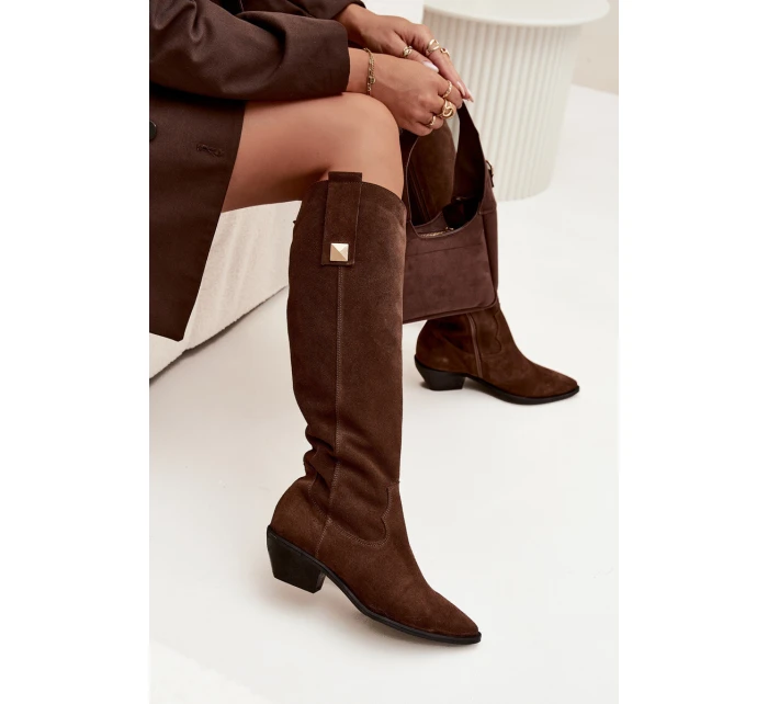 Kožené semišové kozačky zateplené  čokoládové model 21718495 - Zazoo
