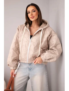 Dámská prošívaná bunda s kapucí a ozdobným květinovým model 21998364 tmavě béžová - K-Fashion
