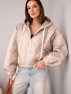 Dámská prošívaná bunda s kapucí a ozdobným květinovým ražením tmavě béžová