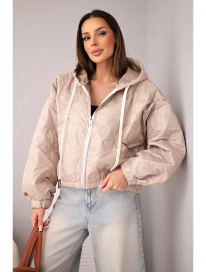 Dámská prošívaná bunda s kapucí a ozdobným květinovým model 21998364 tmavě béžová - K-Fashion