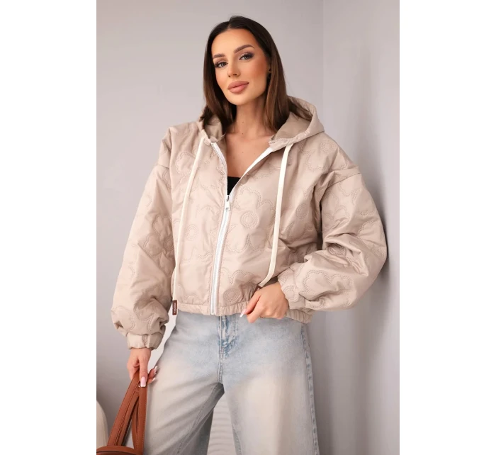 Dámská prošívaná bunda s kapucí a ozdobným květinovým model 21998364 tmavě béžová - K-Fashion