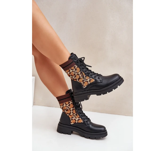 Dámské kotníkové boty Workery s ponožkou v leopardím vzoru černé Penthis