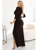 Elegantní dlouhé šaty s obálkovým výstřihem a rozparkem  hnědé model 21720277 - numoco