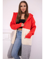 Pruhovaný svetr s kapucí červená + béžová + šedá