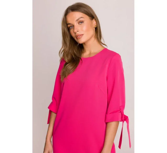 Šaty áčkového střihu s rukávy růžové model 20966080 - STYLOVE Šaty áčkového střihu s rukávy růžové model 20966080 - STYLOVE