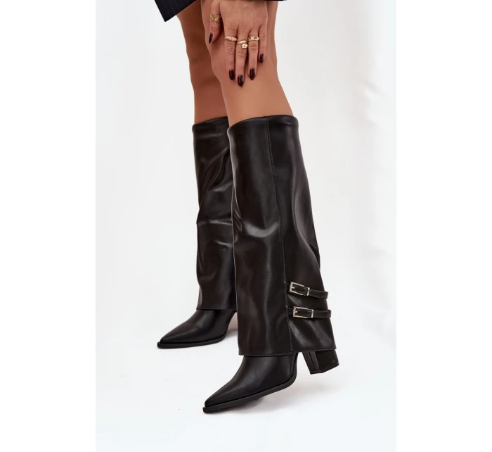 Dámské kotníkové boty Jessae na sloupkovém podpatku se zahnutou manžetou a sponami – černé