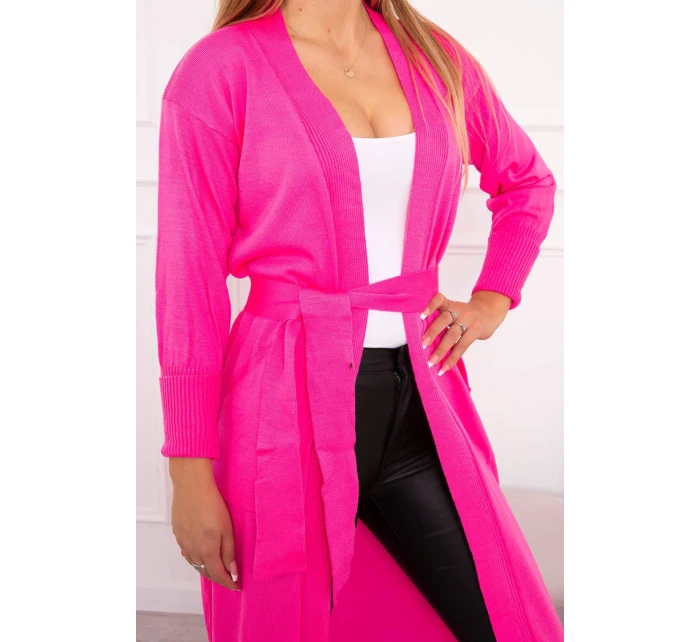 Sweter długi kardigan wiązany w talii różowy neon Sweter długi kardigan wiązany w talii różowy neon