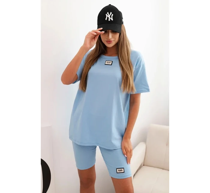 Dámský bavlněný komplet s krátkým rukávem a šortkami modrý Dámský bavlněný komplet s krátkým rukávem a šortkami modrý