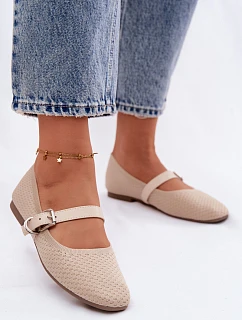 Materiálové Baleríny s Páskem a Přezkou Béžové Jelisa