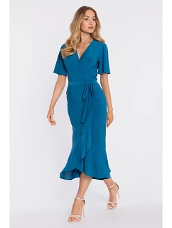 M912 Zavinovací midi šaty s volánem a řasením - oceánsky modré