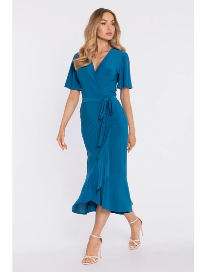 M912 Zavinovací midi šaty s volánem a řasením - oceánsky modré