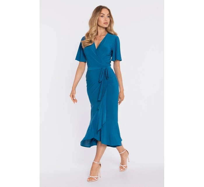 M912 Zavinovací midi šaty s volánem a řasením - oceánsky modré