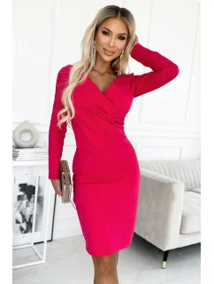 398-4 Elegantní bavlněné šaty s obálkovým výstřihem a dlouhými rukávy - FUXY