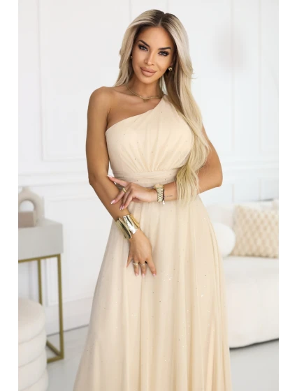 656-2 Dlouhé třpytivé večerní šaty na jedno rameno - šampaňsko-béžové