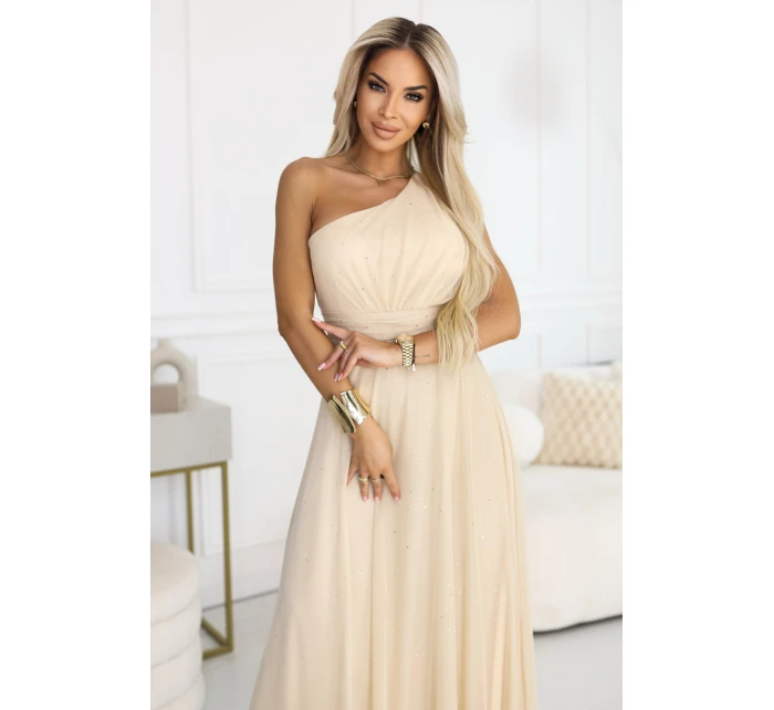 656-2 Dlouhé třpytivé večerní šaty na jedno rameno - šampaňsko-béžové