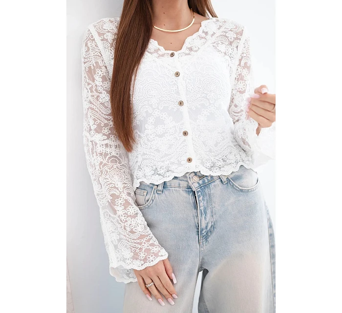 Dámský bavlněný krajkový svetr zapínaný na knoflíky s dlouhým rukávem bílý