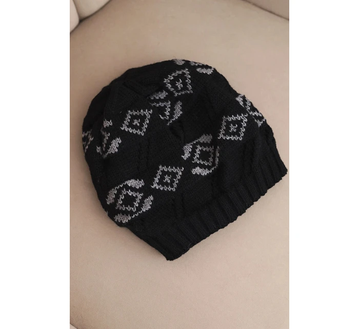 Dámská zimní čepice z vlny s geometrickým vzorem model 21867910 černá + šedá - K-Fashion