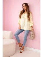 Lněná dámská halenka s květinovým vzorem, dlouhými rukávy a knoflíky Žlutá Lněná dámská halenka s květinovým vzorem, dlouhými rukávy a knoflíky Žlutá