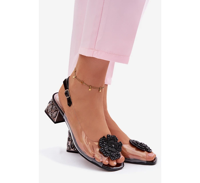 Průhledné sandály na platformě s krystaly a květinou Vinceza 70122 Černé