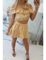 Vyšívaná souprava s puntíkovanou halenkou béžové barvy