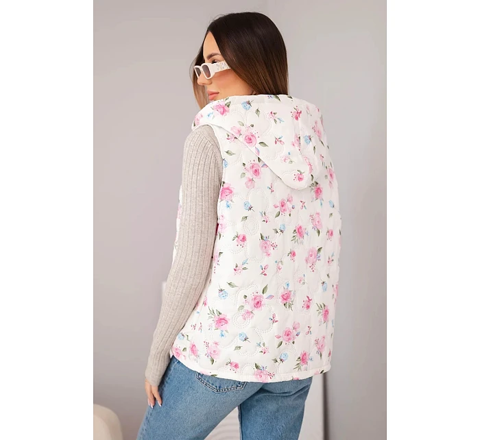 Dámská prošívaná vesta s květinami a kapucí růžová