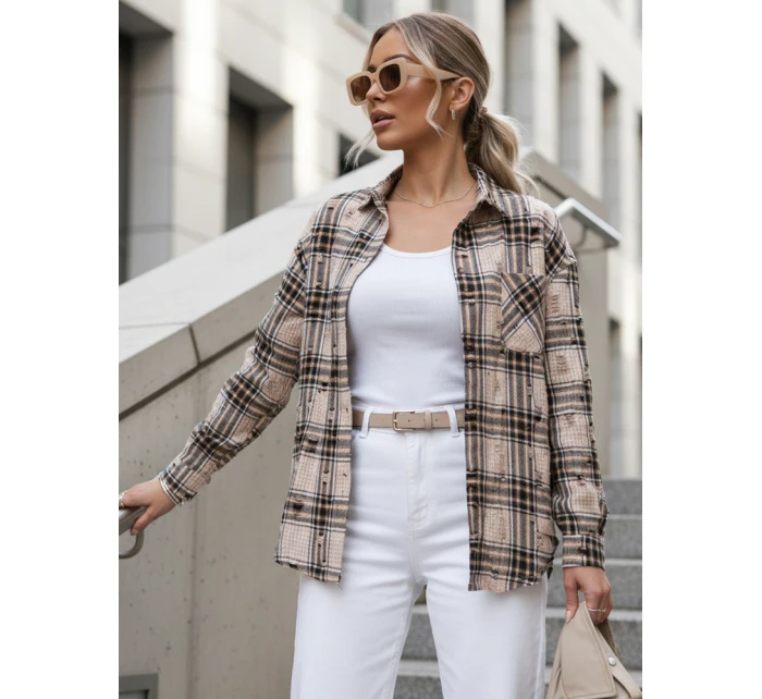Koszula w kratę damska z przetarciami beżowa FashionStreet DY0485
