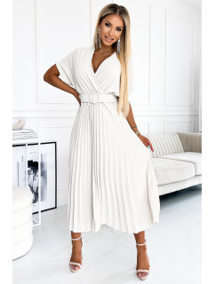 FELICIA - Bílé plisované dámské midi šaty s výstřihem a širokým opaskem 471-4