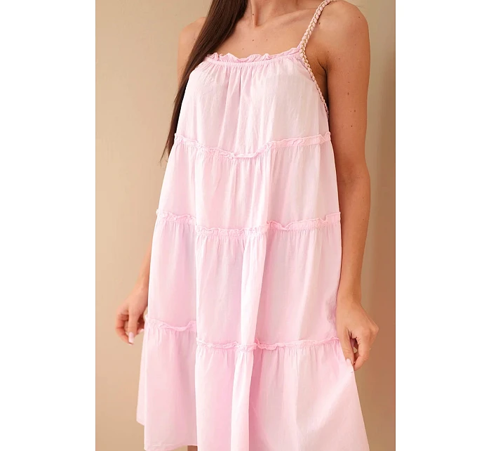 Dámské bavlněné šaty na ramínka s volánky cukrově růžová