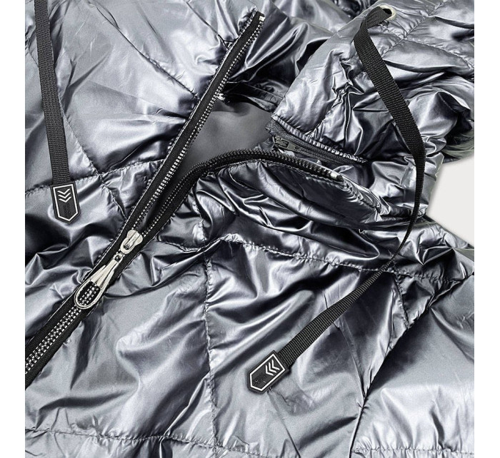 Stříbrná lesklá dámská bunda s kapucí (B9575)