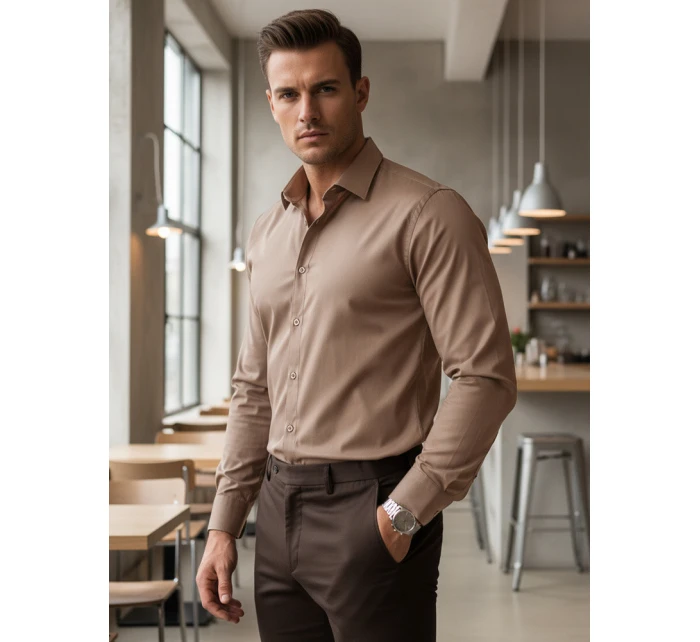Pánská elegantní hladká béžová košile REGULAR FIT FashionStreet DX2686