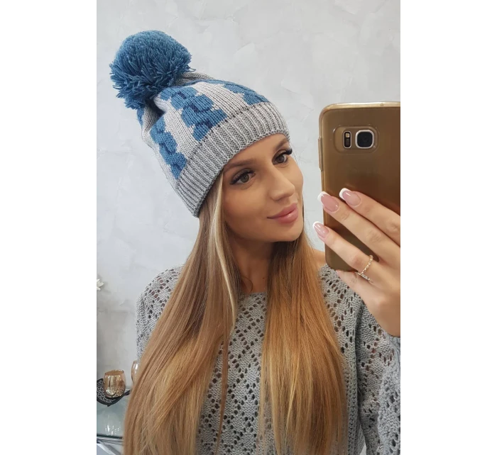 Dámská čepice s bambulí Rozalia K323 denim+grey