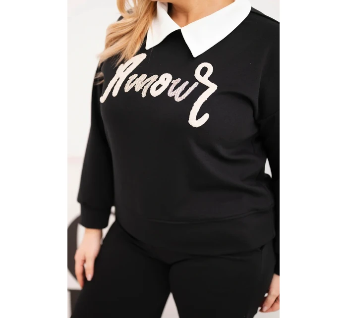 Dámská souprava máslíčko Plus Size s širokými nohavicemi a límečkem černý