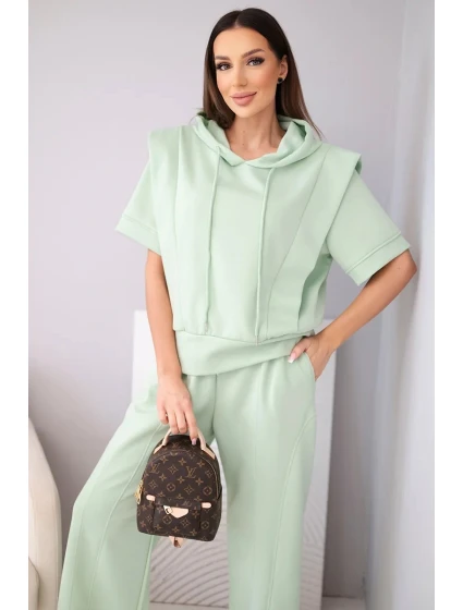 Dámský komplet máslová mikina s kapucí a volné kalhoty se šňůrkou tmavě mátová