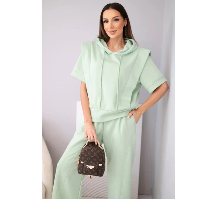 Dámský komplet máslová mikina s kapucí a volné kalhoty se šňůrkou tmavě mátová