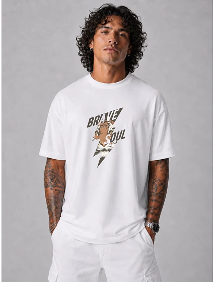Pánské bavlněné tričko oversize s potiskem bílé FashionStreet NX1010R Pánské bavlněné tričko oversize s potiskem bílé FashionStreet NX1010R