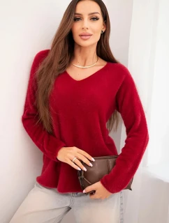 Dámský svetr z měkké pleteniny s výstřihem do V bordový