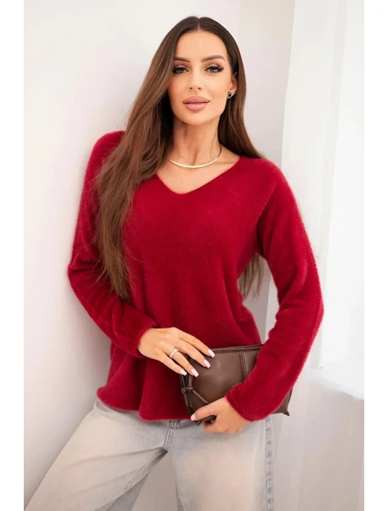 Dámský svetr z měkké pleteniny s výstřihem do V bordový Dámský svetr z měkké pleteniny s výstřihem do V bordový