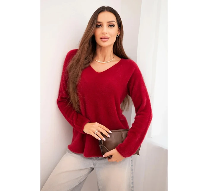 Dámský svetr z měkké pleteniny s výstřihem do V bordový Dámský svetr z měkké pleteniny s výstřihem do V bordový