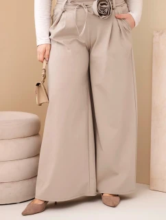 Dámské kalhoty Plus Size s širokou nohavicí a ozdobným květem v pase béžové