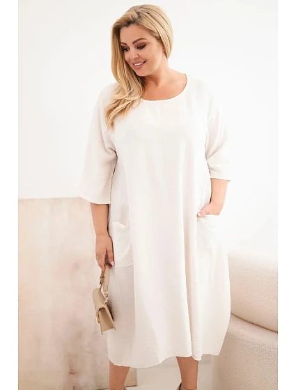 Dámské šaty Plus Size viskózové s kapsami a krátkým rukávem béžová Dámské šaty Plus Size viskózové s kapsami a krátkým rukávem béžová